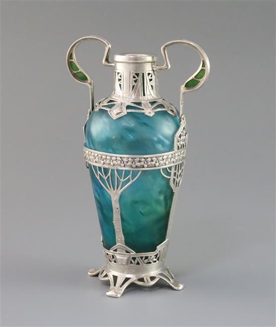 An early 20th century Austrian? Art Nouveau silver mounted two handled blue/green glass vase,